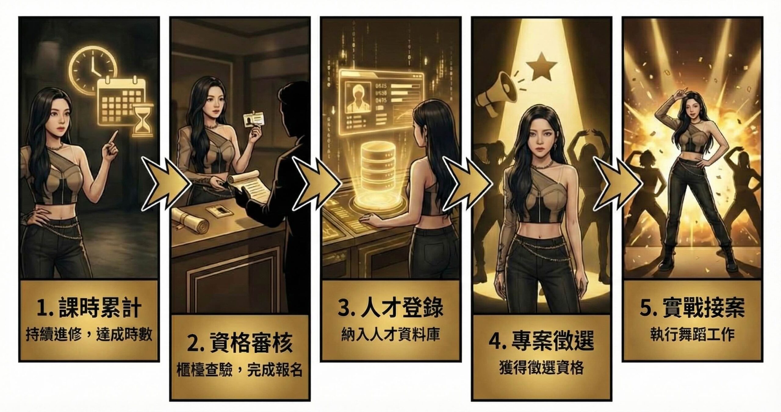 DANCE SOUL 舞魂街舞學校_舞者評選計劃_07 1 在本學校上課到達規定的時數 .2 報名此計劃並查驗上課時數 .3 獲得參加徵選資格 .4 徵選上後開始參加排練 .5 搭配藝人與經紀人從事舞蹈工作