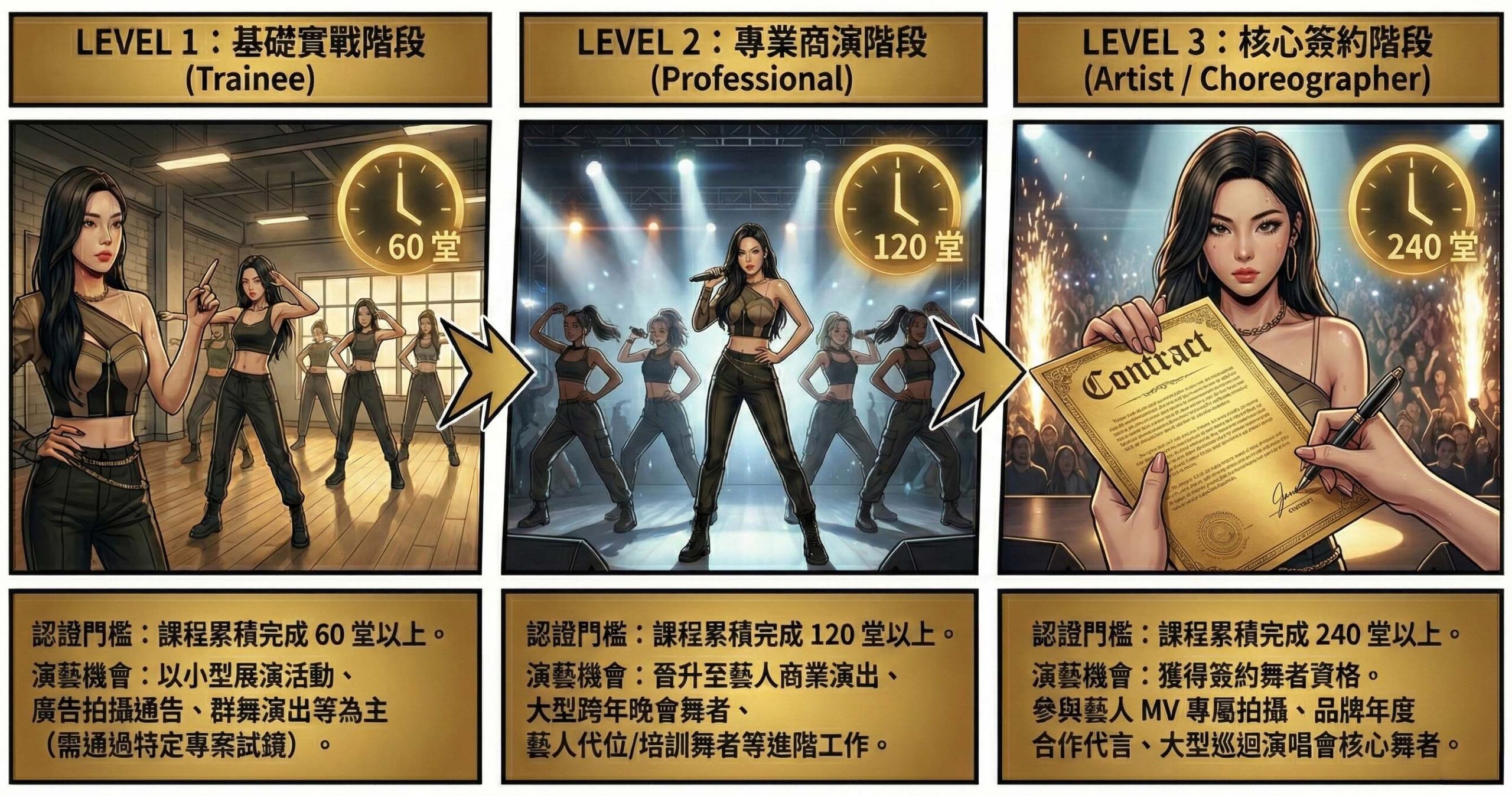 LEVEL 1：基礎實戰階段 (Trainee) 認證門檻：課程累積完成 60 堂以上。 演藝機會：以小型展演活動、廣告拍攝通告、群舞演出等為主（需通過特定專案試鏡）。 LEVEL 2：專業商演階段 (Professional) 認證門檻：課程累積完成 120 堂以上。 演藝機會：晉升至藝人商業演出、大型跨年晚會舞者、藝人代位/培訓舞者等進階工作。 LEVEL 3：核心簽約階段 (Artist / Choreographer) 認證門檻：課程累積完成 240 堂以上。 演藝機會：獲得簽約舞者資格。參與藝人 MV 專屬拍攝、品牌年度合作代言、大型巡迴演唱會核心舞者。