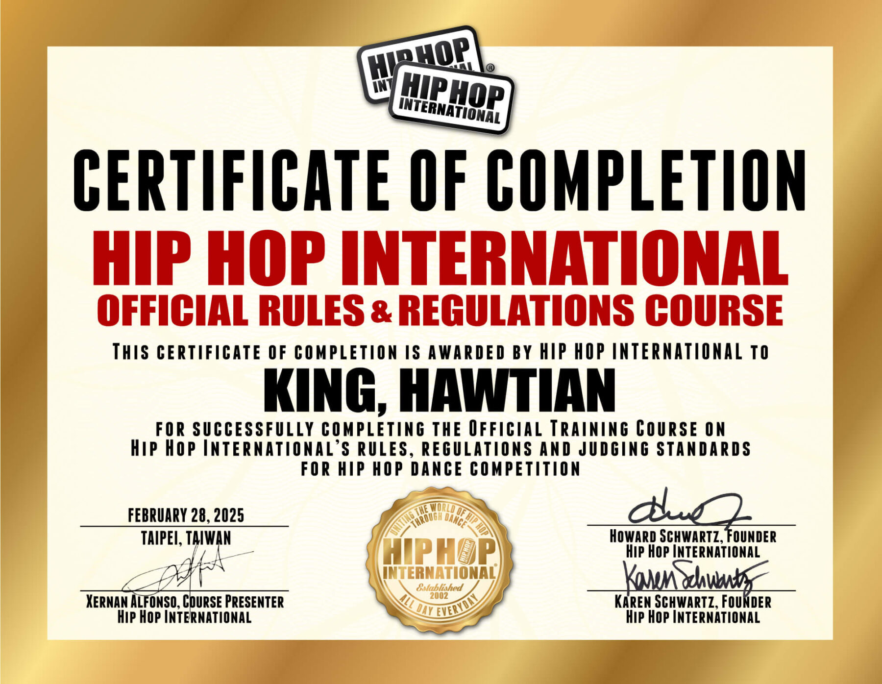 金晧天 SEVEN 的HIP HOP INOTERNATIONAL 國際官方規則結業證書『本證書由 HIP HOP INOTERNATIONAL 國際組織授予 KING HAW TIAN，以表彰其成功完成有關 HIP HOP 國際規則、條例和規則的官方培訓課程與嘻哈舞的評判標準。』