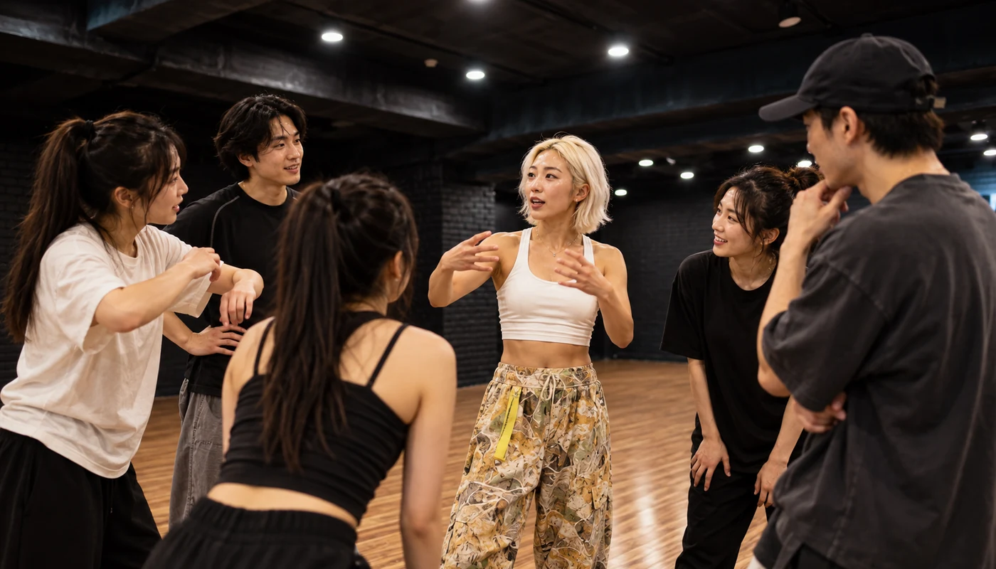 老師與成人學員在 DANCE SOUL 教室討論私人課程與團體包班內容